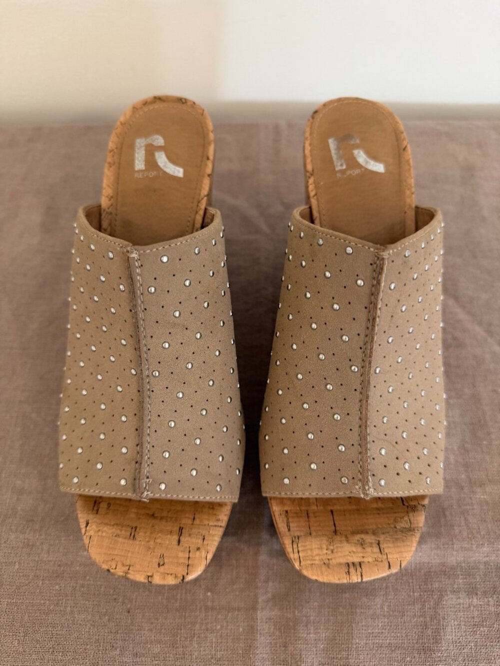 Report Platform Mules Cork Heel Silver Brad Studded Slip On 4.5"
